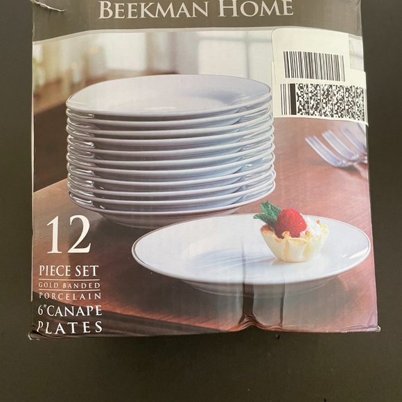 Set of 12 Beekman Home  6" Gold Banded Porcelain Canape Plates NIB - Picture 5 of 5
